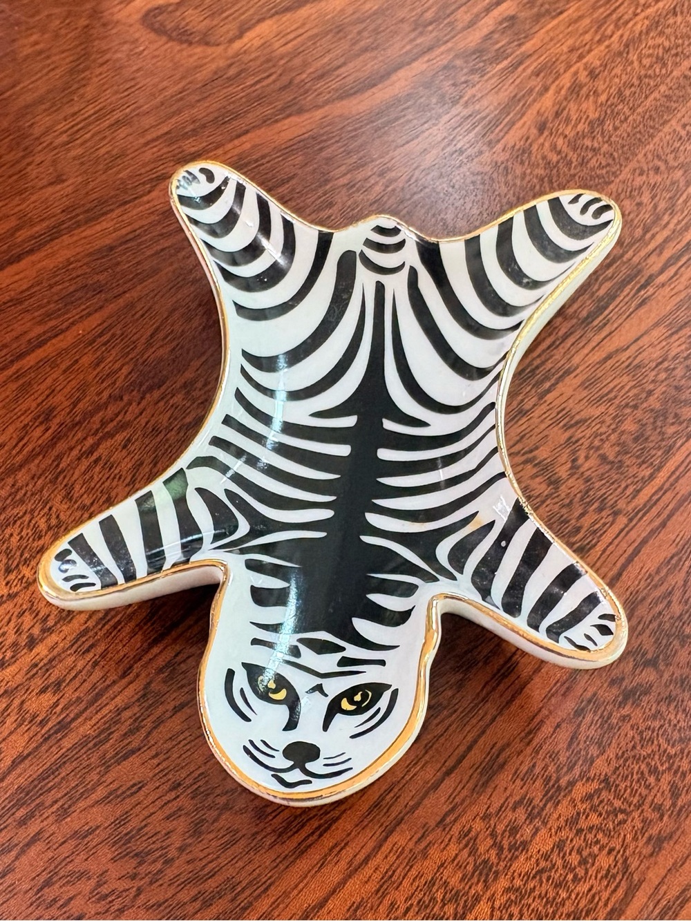 Cat Face Zebra Print Ceramic Trinket Dish with Gold Trim